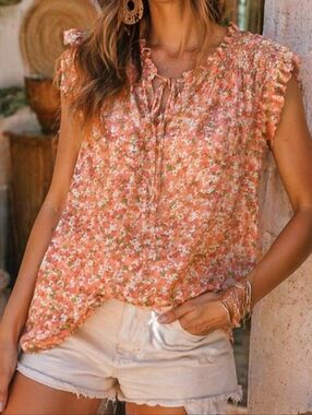 Rose + Olive Peach Floral Blouse Smocked Shoulder Boho Cottagecore Short Sleeve